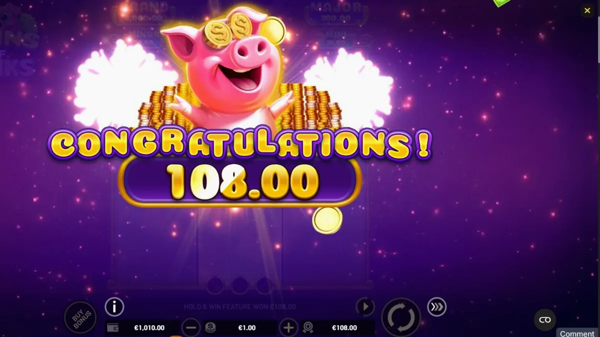 Interface do jogo de slot Coins of Oinks com porcos luxuosos e símbolos de ouro