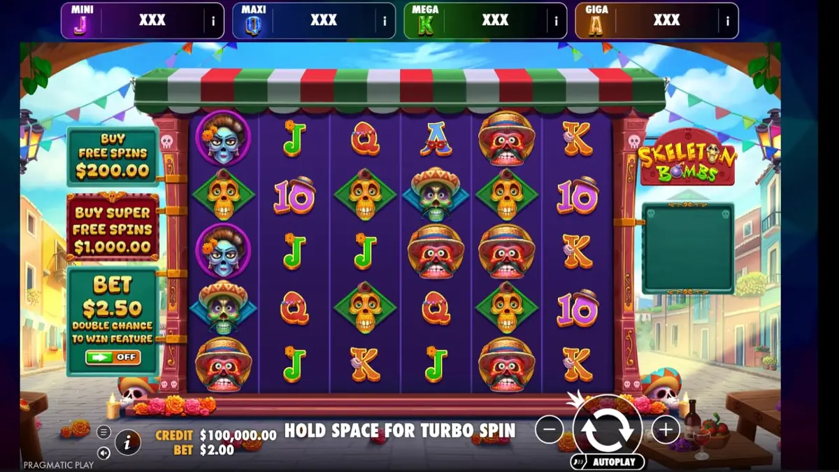Tela de jogo do slot Skeleton Bombs com caveiras coloridas e multiplicadores