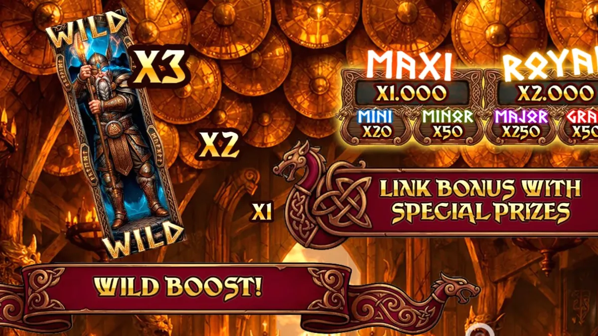 Interface do jogo de slot Valhalla Wilds Boost com temática viking
