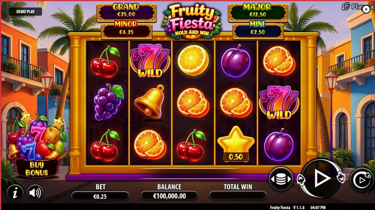 Cenário vibrante de neon e frutas tropicais na slot Fruity Fiesta Hold and Win